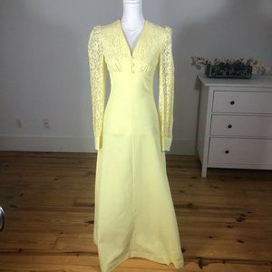 Vintage Handmade 70's Formal Dress Lemon Yellow Small